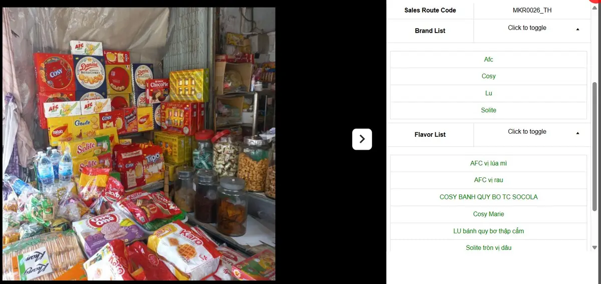 Pequeña tienda analizada, con las marcas y sabores detectados listados